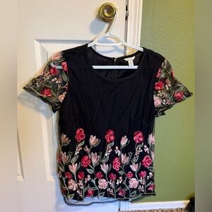 Chic Black Floral Embroidered Blouse
